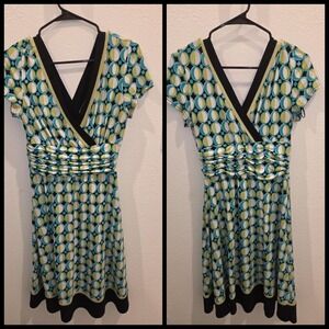 Studio I Petite Dress 12P Blue Green Geometric Oval Ruched Waist Cap Sleeve